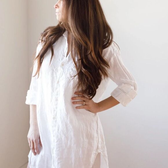 CP Shades White Linen Henley Dress Timeless Elegance - Picture 1 of 6